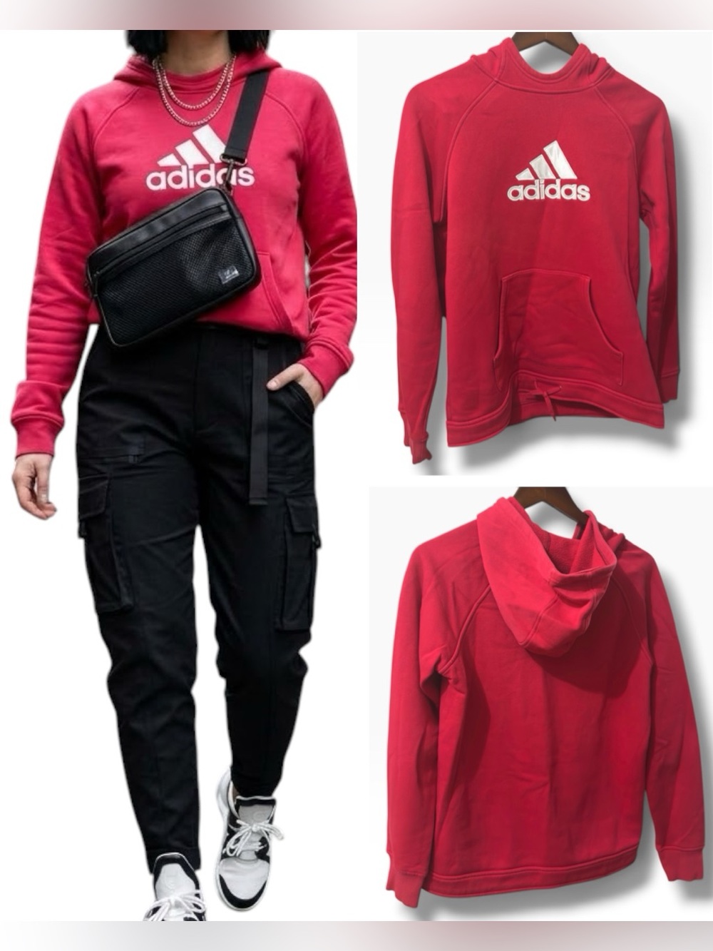 Adidas | NWOT Vintage Y2K Cotton Red Embroidered Logo Pullover Fleece Hoodie (M)